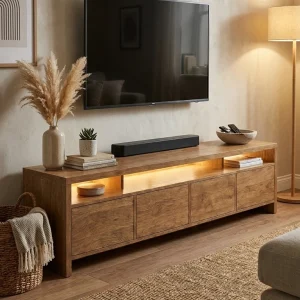 Rack de TV Atenas al piso con luz LED en un living