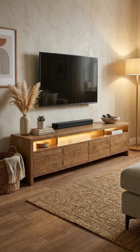 Rack de TV Atenas al piso con luz LED en un living