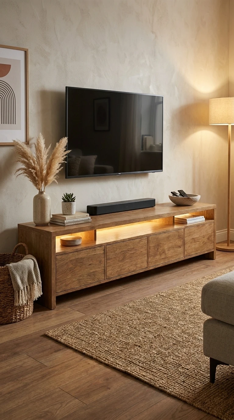 Rack de TV Atenas al piso con luz LED en un living