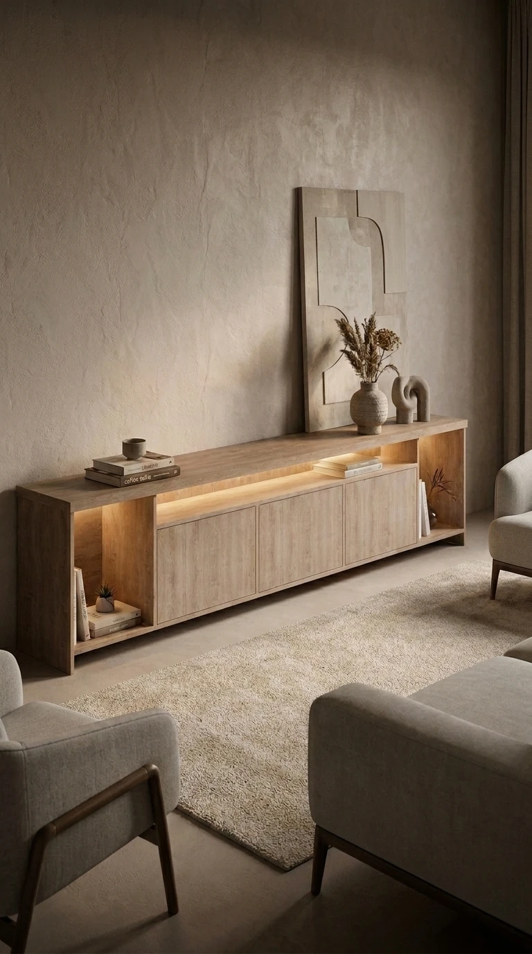 Rack de TV Toronto en un living, con luz LED